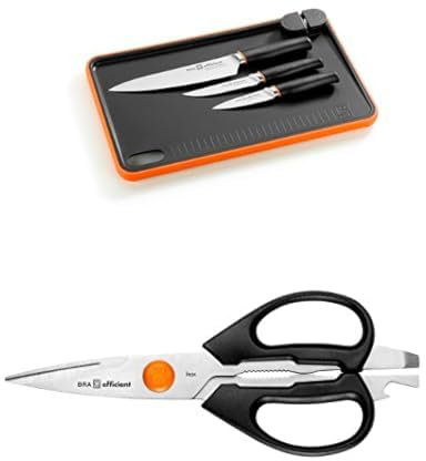 BRA Efficient | Set de 3 cuchillos Efficient con tabla de cortar + Tijeras Multiusos