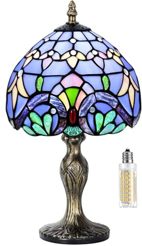 MIAOKE Tiffany Table Lamp Stained Glass Crystal Bead Style Table Light,Handmade Desk Bedside Table Night Lamp,Antique Art Craft Gifts Lover Kid Living Room Study Bookcase Desk Ligh-Blue Baroque