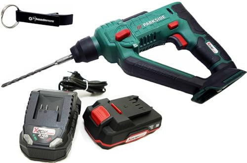 HEADNMORE® Parkside® PABH 20 Marteau perforateur sans fil 20 V avec mallette de transport + porte-clés HEADNMORE® (1 batterie 2 Ah)