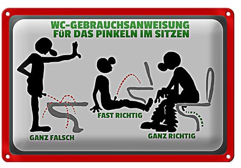 Plaque en tôle humoristique | Mode d'emploi pour WC | Indication de pipi | Assise | 30 x 20 cm