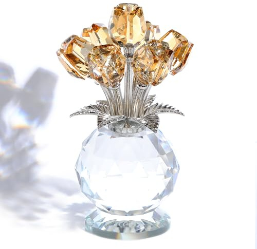 Movdyka Golden Tulips Bouquet Gifts for Women Men Crystal Flowers Figurine | Glass Floral with Stem for Girls Friends Couple, Romantic Tulips Gift for Mother's Day Anniversary Birthday, Home Ornaments