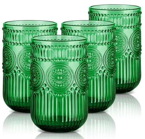 Joeyan 410ml Vasos de Cristal agua Colores, Juego de 4 Unidades Verde Oscuro Vasos de Vidrio Grande con Relieve Floral, Vintage Cristalería para Refrescos,Café,Té,Zumo,Leche,Cócteles,Apto Lavavajillas