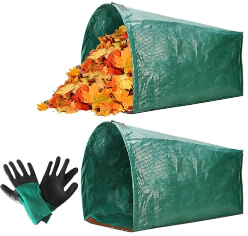 Gartenlaubsack mit Gestell, 2 Stück, Gemüsebeutel, Garten, mit Deckel und 220 l, große robuste Müllsäcke für Grünabfälle, wiederverwendbar, zum Auffangen von Laub