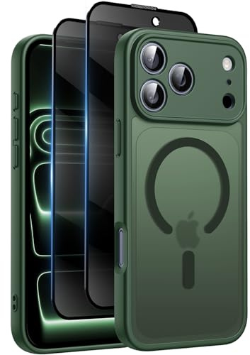 HeIssitot for iPhone 17 Pro Max Case, Privacy Screen Protectors X2, Green | Compatible with MagSafe, Camera Protection, 15FT Military Drop Protection, Translucent Matte Shockproof Phone Cover