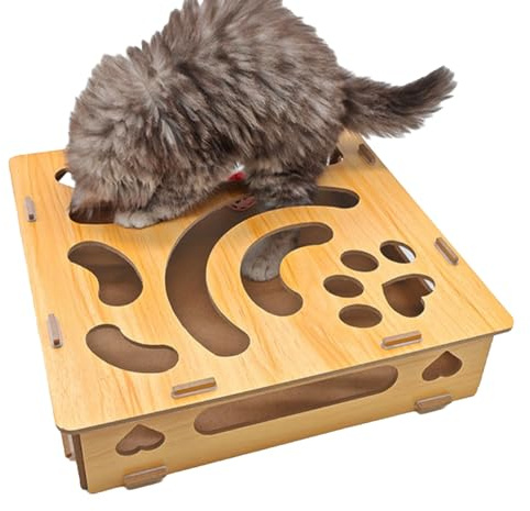 Boîte D'enrichissement Pour Puzzle Chat Scratch - Jouet Interactif 28,5x28,5x7 Cm, Caisse En Bois, Jeu D'engagement Mental Avec Cloches Et Activités Sur Le Plancher | Entraînement Indoor Al