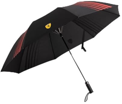 Ferrari Scuderia Ombrello Compatto con Scudetto - Nero - Taglia Unica | Progettato per i fan della Scuderia Ferrari F1, Design e branding ispirati al team, Apertura automatica con pulsante