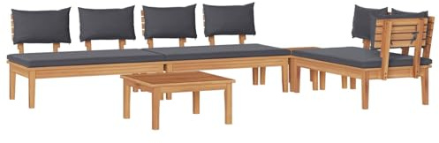 Runheo Gartensofa-Set 5-teilig, Braun und Grau, aus Polyrattan, mit Teakholz, für Terrasse und Garten, modernes Design, wetterfest, für 6 Personen