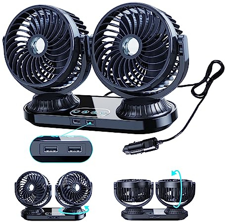 xuenair 12V/24V oszillierender Autoventilator mit zwei USB-Ladeanschlüssen, leiser Ventilator für Auto-Armaturenbrett, Wohnmobil, LKW, PKW, Golfwagen, Yacht und Frachtschiff – 3 Geschwindigkeiten