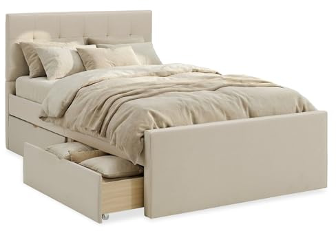 Homestyle4u Polsterbett 120x200 mit Bettkasten & Lattenrost Beige | Stoffbett mit 2 Schubladen auf Rollen, gestepptes Kopfteil 102 cm, Außenmaße 125x214 cm, bis 200 kg