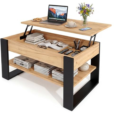 möbelkap Couchtisch mit anhebbarer Platte | Höhenverstellbarer Wohnzimmertisch mit Stauraum | Craft Gold Shwarz modern mit Ablage & verstecktem Fach – Coffee Table für Wohnzimmer & Büro