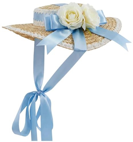HiyyFloy Sombrero De Victoriano para Mujer, Estilo Fiesta del Té, con Lazos De Flores, Estilo Lolita, Sombrero De Paja Plano, Gorro De Playa De Verano para Viajes.