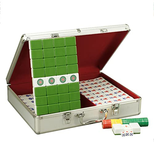 Mahjong Game Set with 144 Melamine Tiles, 2 Spare Tiles, 3 Dice, Game Mat, Wind Vane, and Chips for Traditional Chinese Gameplay