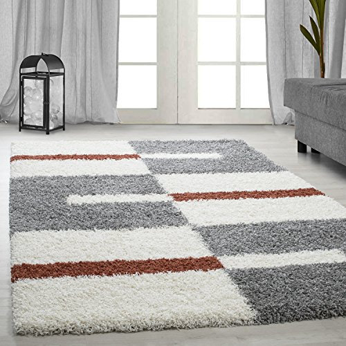 Carpetsale24 Hochflor Teppich 100 x 200 cm Terra-Grau – Weicher Shaggy Flokati im Karierten Design – Dekorative Wohnmatte für Schlafzimmer oder kleine Räume – Pflegeleicht & modern