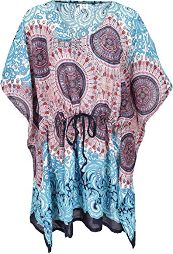GURU SHOP Poncho, Mandala Tunika, Boho Kaftan, Kurzarm Strandtunika Für Starke Frauen - Blau/Flieder, Damen, Synthetisch