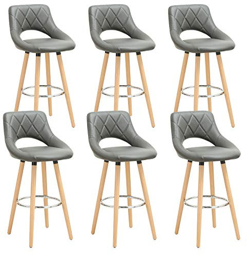 WOLTU 6er Set Barhocker Barstuhl Tresenhocker Bistrohocker Design Hocker, Sitzfläche aus Kunstleder, Holzgestell, mit Fußstütze, Grau, BH111gr-6