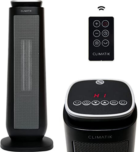 Climatik Oscillating Black Tower Ceramic Heater - Energy Efficient, Thermostat, 2 Power Settings, LED Display, Portable Design with Timer & Remote Control