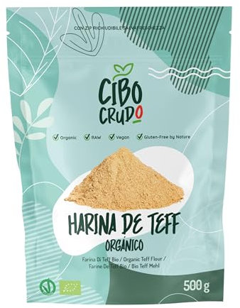 Harina de Teff Ecológica - 500g. Harina Baturalmente Sin Gluten. Contiene Fibra Proteínas y Minerales. Para Pan Muffins Galletas Pasta Fresca o Postres como Tartas Tortitas y Crepes.