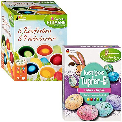Eierfarben HEITMANN 5 Eierfarben + 5 Färbebecher - 5 flüssige Kaltfarben - für EIN buntes Osternest - grün, gelb, blau, rot, orange (Eierfarben + Tupfer-Ei)