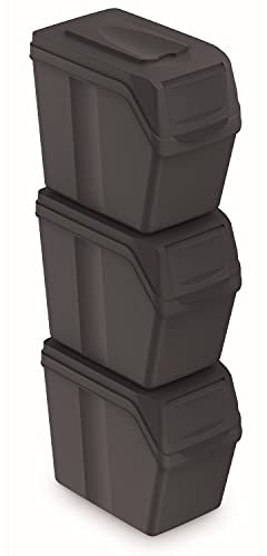 Prosperplast Set of 3 Recycling Bins, 60 Litres Total Capacity, Stackable, Anthracite Containers, 3 x 20 Litres