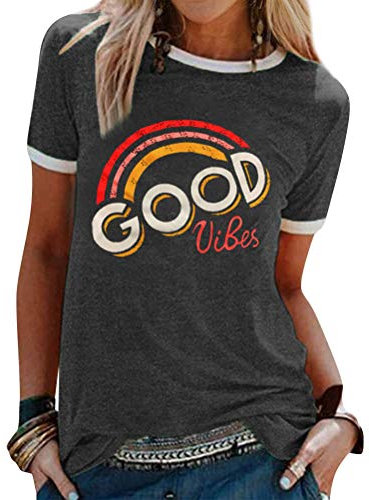 Dresswel Damen Good Vibes T-Shirt Regenbogen Muster Shirt Rundhals Kurzarm/Langarmshirt Oberteile Hemd Tops Bluse(11-Dark Grey,L)