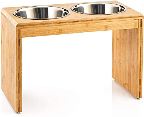 Migosset Futterstation - Erhöhter Futterspender für kleine, mittlere & größere Hunde - Futternapf-Halterung aus Bambus - Mit 4 Edelstahlnäpfen (groß)