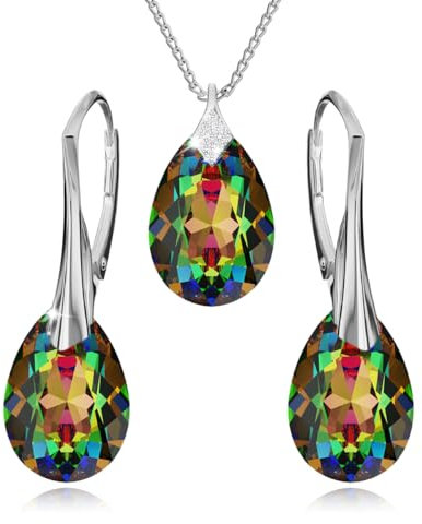 Panda-Jewellery Ohrringe Silber 925 Hängend - Kette Damen mit Anhänger - Schmuck Set für Sie - mit Kristallen - Ohrringe Hängend und Halskette Damen Silber 925 in Form eines Tropfes (Vitrail Medium)