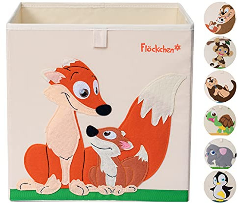 Flöckchen Kinder Aufbewahrungsbox, Spielzeugbox für Kinderzimmer I Spielzeug Box (33x33x33) passt ins Kallax Regal I Kinder Motiv Tiere (Familie Fuchs)