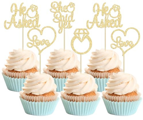 Gyufise He Asked She Said Yes Cupcake Toppers Gold Glitter Diamond Ring Heart Love Cake Picks for Wedding Engagement Party Cake Decorations 24 Pack