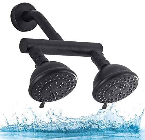 Hochdruck Doppelbrause mit Absperrventil und Brausearm Set aus massivem Messingguss Dual Outlet Manifold Dual Shower Fixed Head 3 Funktionen Duschköpfe Sprühkopf, Mattschwarz