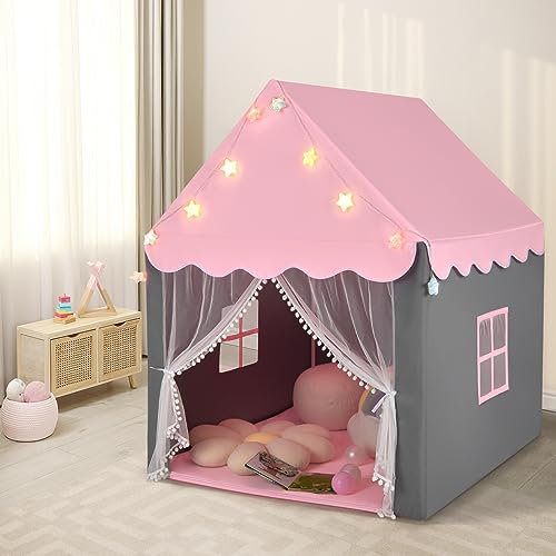 DREAMADE Tente de Jeux Enfant avec Tapis Épais&Lumières,Cabane Enfant Intérieur&Extérieur avec Fenêtre Maillée&Porte Rideau en Filet,105x121x136CM pour Garçons Filles (Rose)