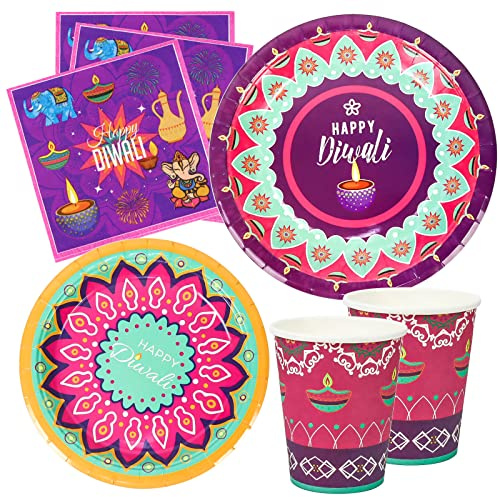 Cranight 64pc Diwali Tableware Set - 16 Guest Party Supplies Including Disposable Paper Plates, Cups, Napkins for Diwali Lights Party