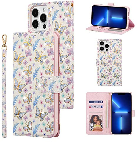 UEEBAI Wallet Case for iPhone 13 Pro Max 6.7 inch, PU Leather Phone Case Kickstand RFID Blocking Flip Case with Card Slots Wrist Strap Relief Engraved Pattern Magnetic Closure Folio Case - Butterfly