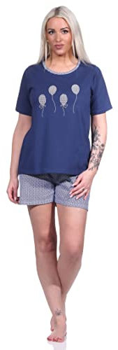NORMANN-Wäschefabrik Damen Shorty, kurzer Pyjama mit Luftballon-Motiv und Minimal-Print - 123 205 10 150, Farbe:Marine, Größe:44-46