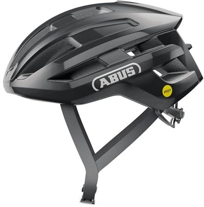 ABUS Rennradhelm PowerDome MIPS - leichter Fahrradhelm mit cleverem Belüftungssystem und Aufprallschutz - Made in Italy - für Damen und Herren - Schwarz Glänzend, Größe M