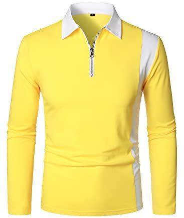 HOOD CREW Men’s Long Sleeve Polo Shirts Golf Shirt Casual Contrasting Color Tennis Top Yellow