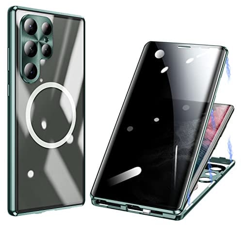 ksscaly Anti Peeping Case for Samsung Galaxy S23 Ultra Compatible with MagSafe 360 Degree Full Protection Magnetic Absorption Metal Bumper Front Privacy Glass Back PC Matte Cover for S23U (Green)