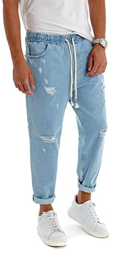 Giosal Pantalone Uomo Jeans Tinta Unita Rotture Elastico Coulisse (Denim, L)