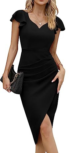 Missufe Robe de cocktail pour femme - Robe de fête - Robe midi - Robe d'été élégante moulante vintage à volants, Noir , XL