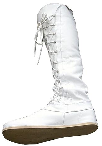 retrò Donne/Uomini Cavaliere Costume Short Ankle Flat Bottomed Stivali Gothic Bandage Scarpe Moda Lace-Up Moto Stivali per Cosplay,Bianca,48