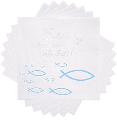 Topways Taufe Deko Servietten, 40Stück Fisch Weiß Servietten Tischdeko für Kommunion, Konfirmation, Taufe Deko Junge Mädchen Servietten '' Schön dass Du da bist '' (Servietten blau)