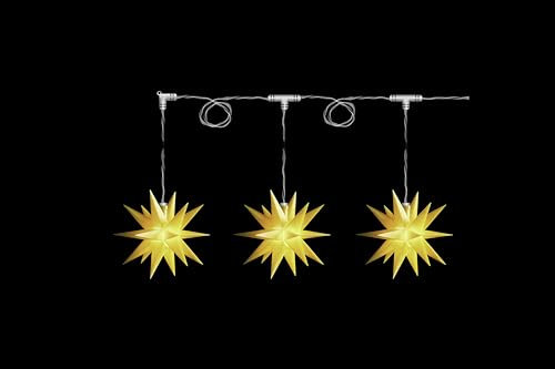 DecoTrend GmbH Sterntaler Sternenkette | Weihnachtsstern Kette | 3 Sterne | 18 Zacker | Gelb | 12cm | Innen | LED | Batterie | mit Timer & Fernbedienung