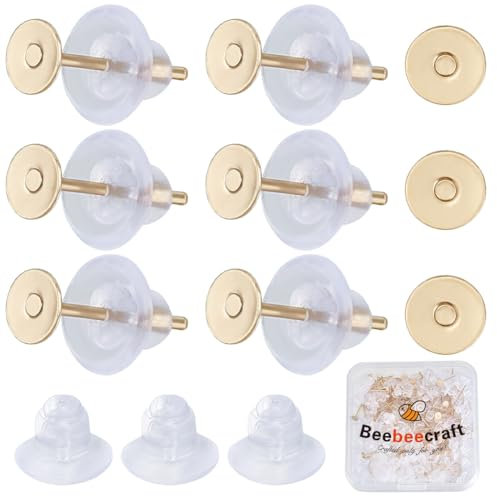 Beebeecraft 1 Box 200Pcs Blank Earring Posts 4mm 18K Gold Plated Brass Flat Stud Earring Posts with 200Pcs Ear Nuts for DIY Jewellery Making
