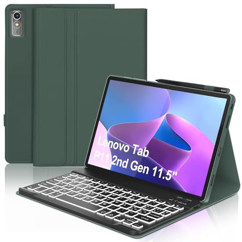 Teclado para Lenovo Tab P11 (2nd Gen), 7 funciones de retroiluminación, funda para 11,5 para Lenovo Tab 11(TB350FU/TB350XU 2022), bandeja italiana Slim Bluetooth extraíble magnética, verde oscuro