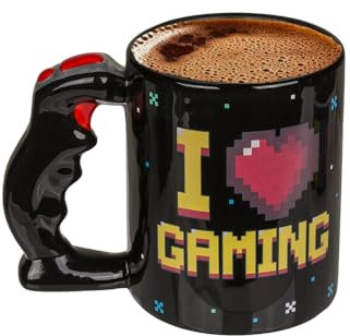 Avilia I Love Gaming Mug for Tea or Coffee Decoration Ideal as a Gift - Mug with Controller as Handle and Decoration Colour Changing with Heat, 11 x 9 cm, 320 ml, Black and Red