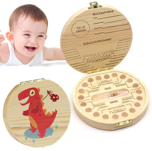 Zahnbox Holz, Milchzahndose, Zahndose Milchzähne Jungen Mädchen, Zahnschachtel, Zahnaufbewahrung Zähne Kinder, Aufbewahrungsbox für Kinder Zähne, Zahnfee Geschenke für Mädchen & Jungen(Dinosaurier)