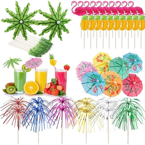 70 Piezas Sombrillas de Cócteles Decoraciones de Fiesta de Cócteles Palillos de Panal y Piña Flamenco 3D para Cóctel Bebidas Tropicales Decoración de Fiesta de Cumpleaños Etc