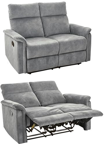 Zweisitzer-Sofa mit hochwertiger Federkernpolsterung 130 cm breit, verstellbare 2er Couch durch praktische halbautomatische Relaxfunktion, Bezug Velours Vintage Grau / 15127
