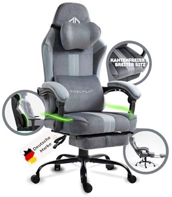PixelPilot®Ergonomischer Gaming Stuhl [Atmungsaktiver Stoff] Gaming Chair mit Fußstütze, Kopf- und Lendenwirbelstütze, Gamer PC Stuhl breite Sitzfläche, Bürostuhl 150 kg Belastbarkeit (Nebula I, Grau)