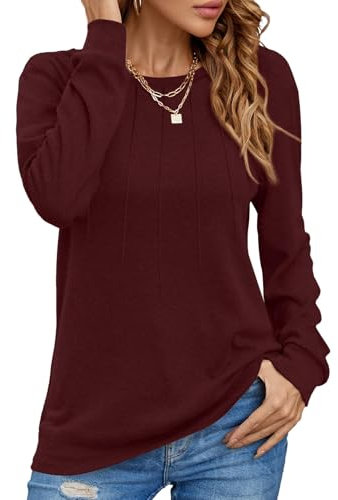 Cuptacc Langarmshirt Damen 2025 Mode Rundhalsausschnitt Sweatshirt Elegant Falten Basic Lang Pulli Damen Weinrot XL 46-48