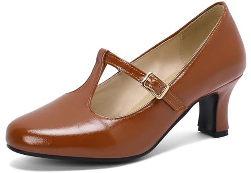 Klarmar Womens Office Work Mary Jane Kitten Heels Court Shoes Closed Toe Formal Block Heeled Pumps Ankle Strap T Bar Brown Size 10 UK/47/28.5CM